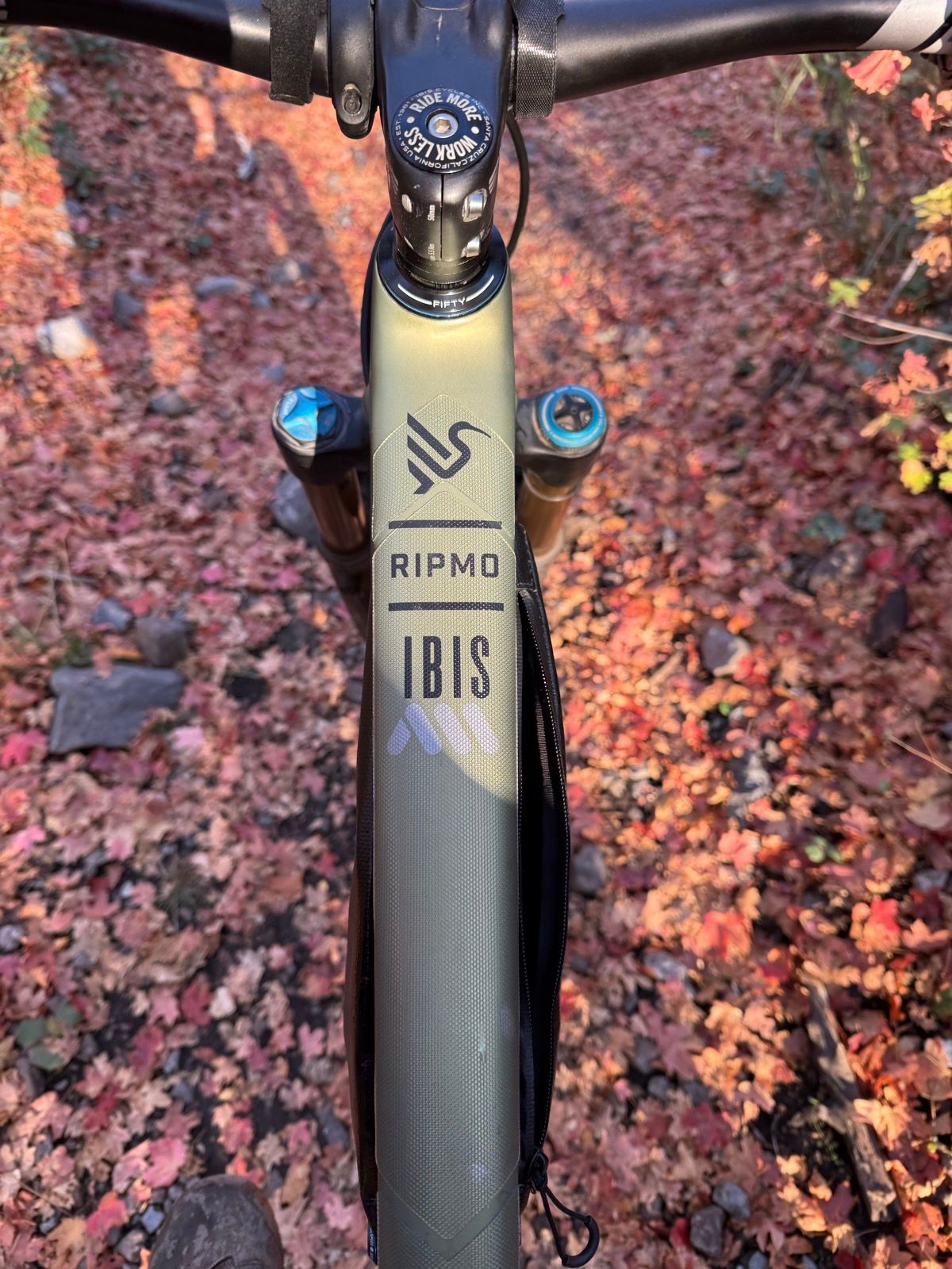A close-up view of a mountain bike frame with visible branding for "RIPMO" and "IBIS." The bike is positioned on a ground covered with colorful fallen leaves in Providence Canyon, Utah.