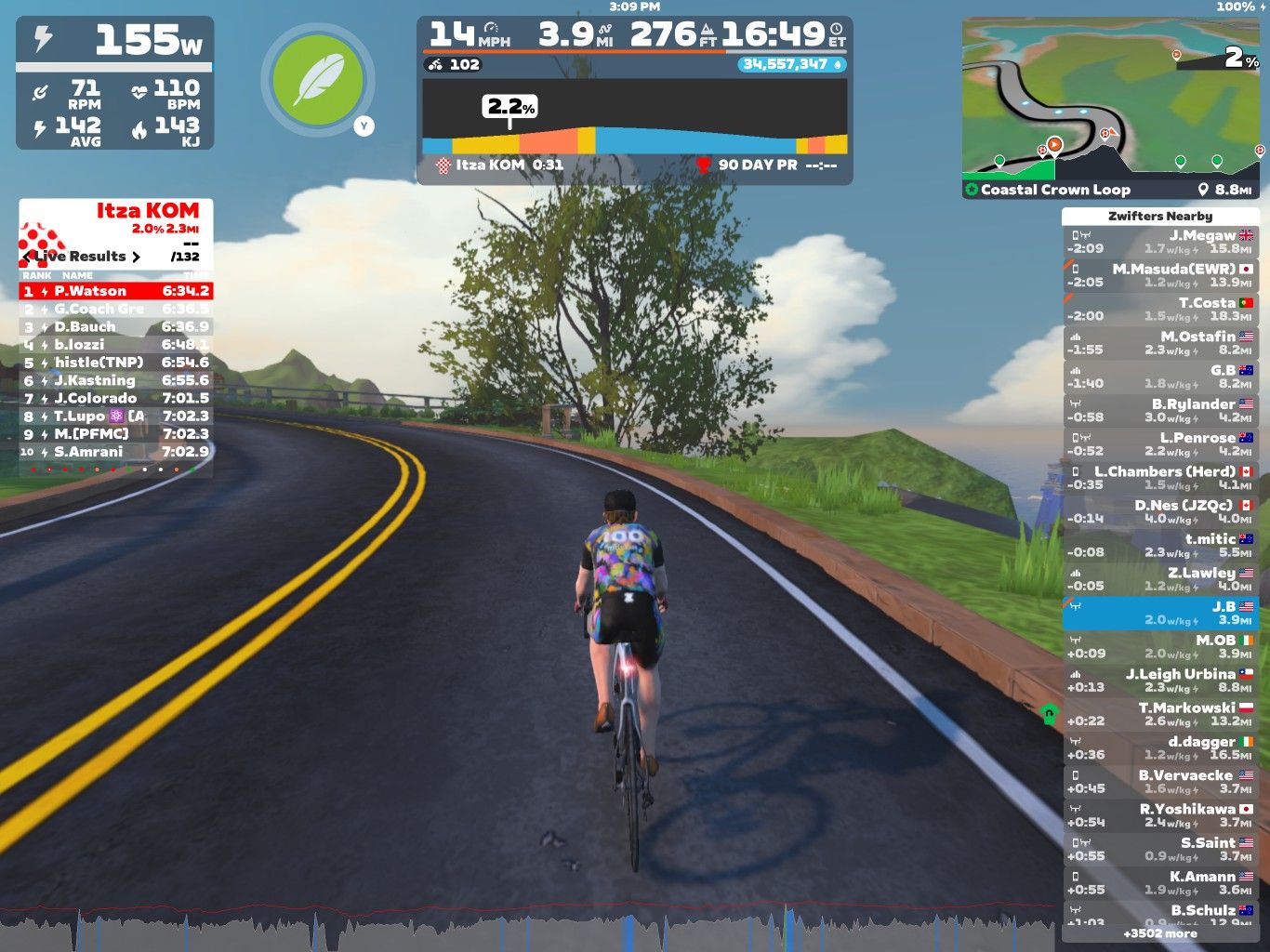 A cyclist rides along a winding road in a virtual landscape, with a display showing statistics such as speed, power output, and race standings. The screen indicates a ranking for a segment called "Itza KOM," with competitors' times listed. There's a scenic view of green hills and blue sky.